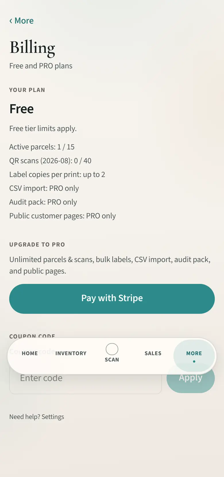 Opalry billing and plan controls for stock teams