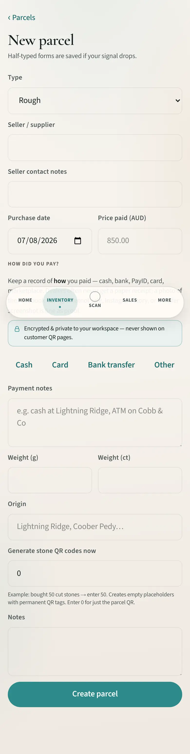 New parcel form in Opalry