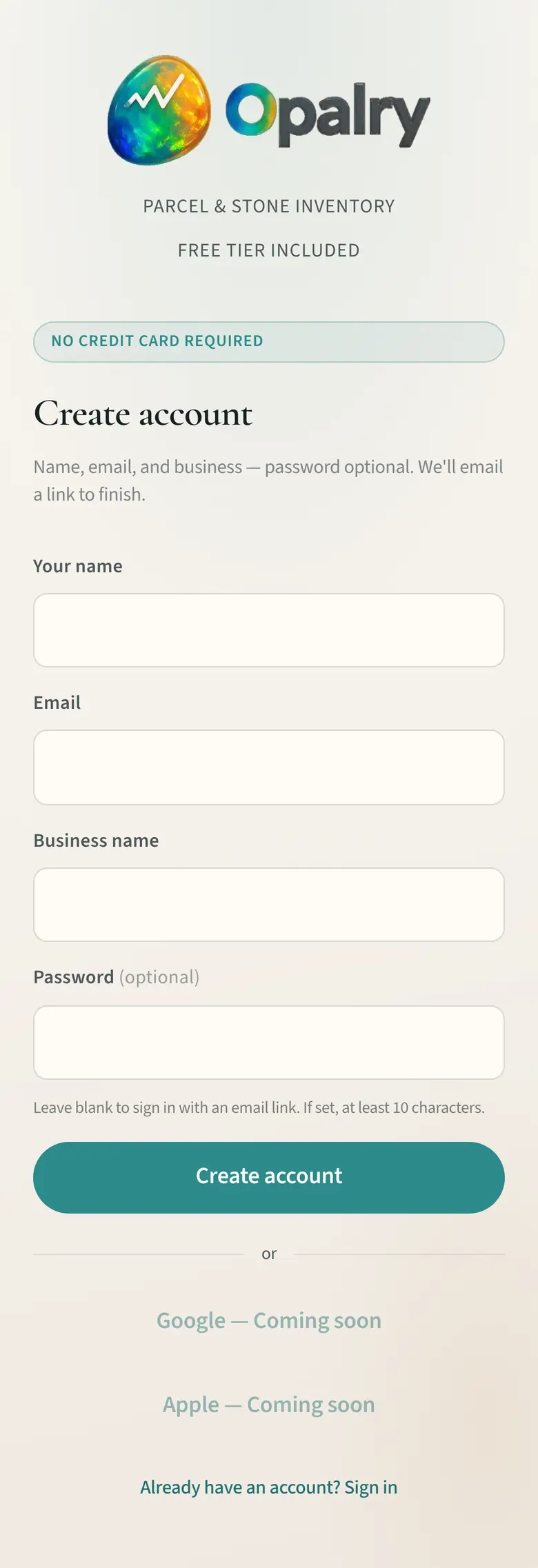 Opalry registration screen