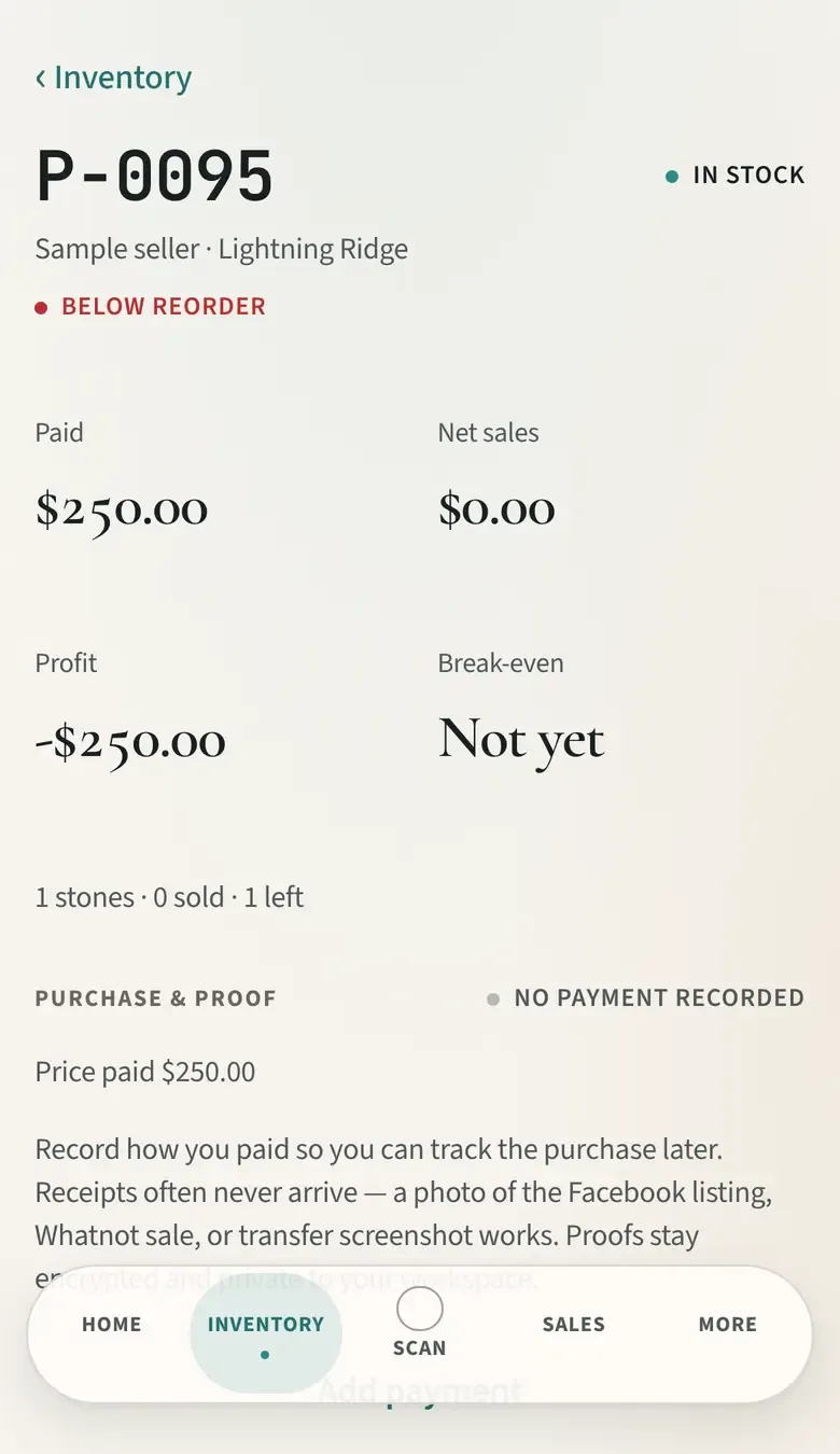 A parcel record open on a phone — reference, stock status, price paid and profit, with Scan in the bottom dock
